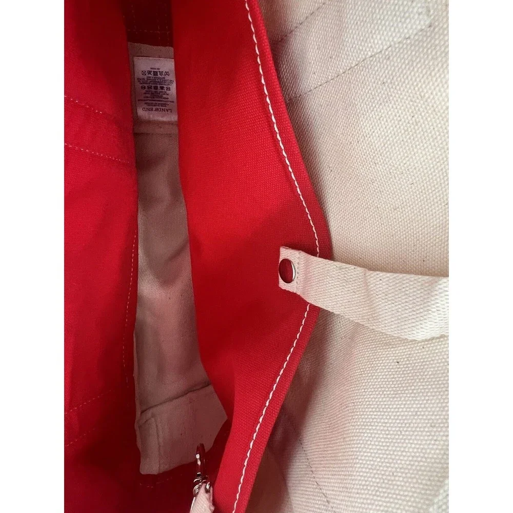 Lands End Open Top Med Natural Canvas Tote Red Trim EUC